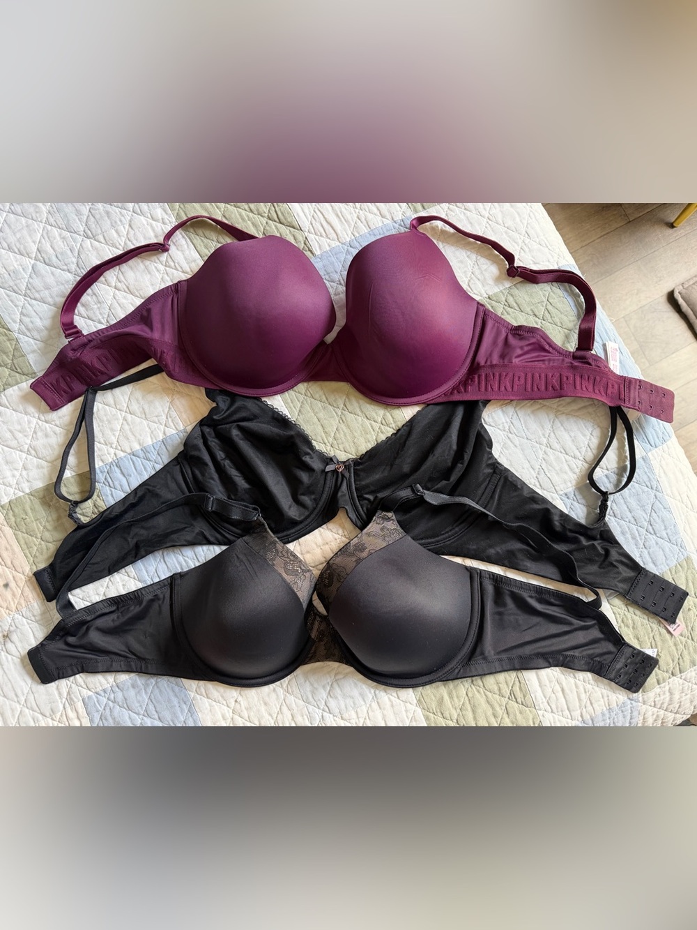 Set of Bras NWOT Victoria’s Secret PINK Warner’s Black Tan Burgundy 36D